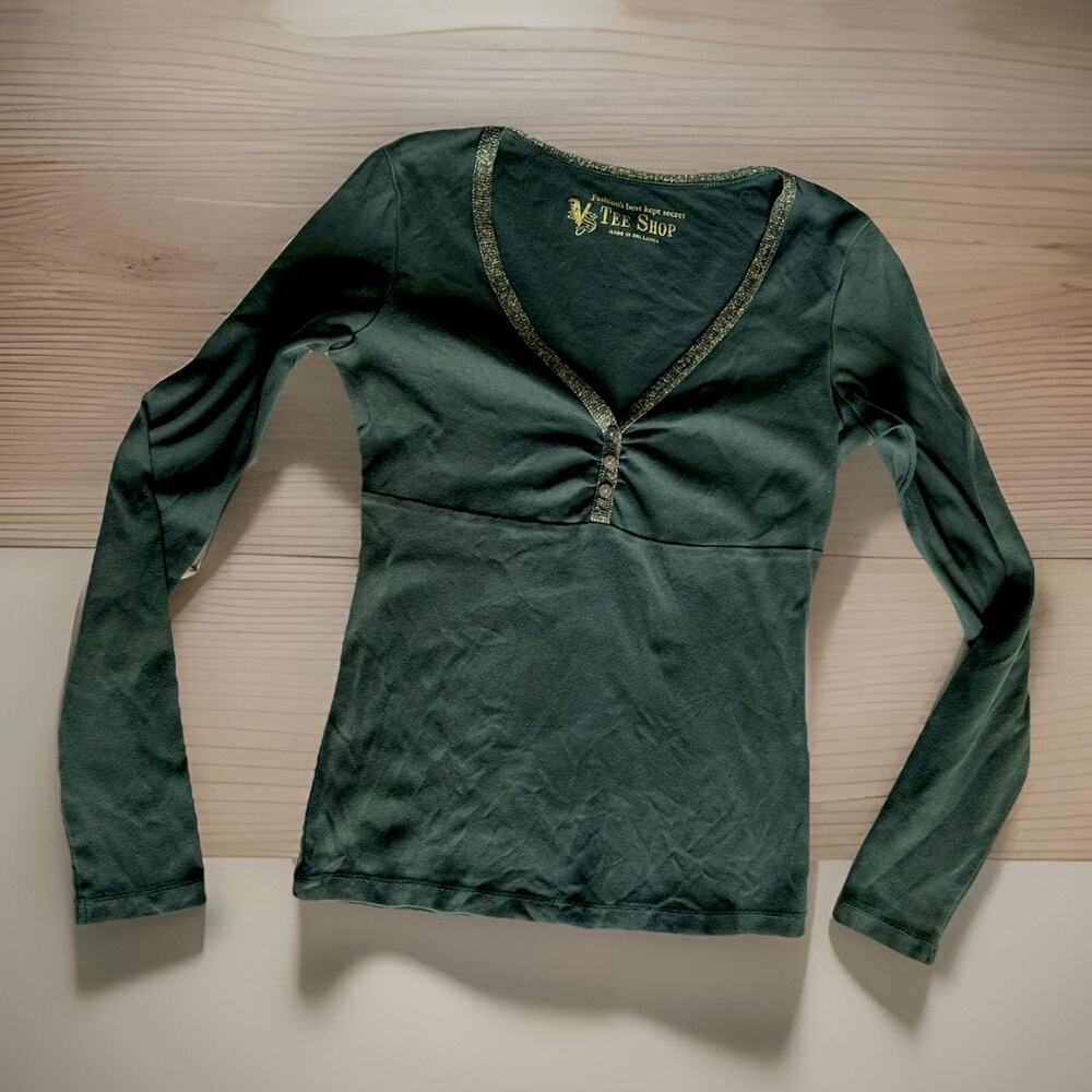 Vintage Y2K Victoria’s Secret Tee Shop Green Gold Trim Henley Top Medium (2006)
